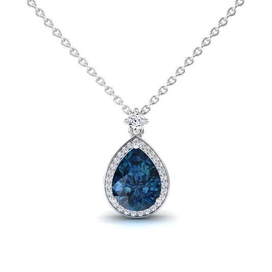 London Blue Topaz & Diamond Halo Necklace - Hannah