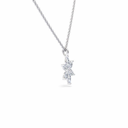 The White Diamond Floral Necklace - Erin features a silver chain with a pendant showcasing three marquise-cut diamonds in a delicate floral design against a white background.