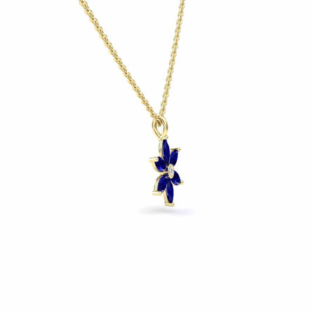 The Lab Grown Blue Sapphire & Diamond Floral Necklace - Erin features a gold chain and a flower-shaped pendant with deep blue petals and a sparkling diamond at the center, shown on a plain white background.