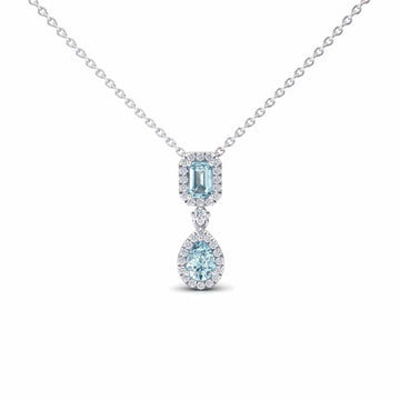 Aquamarine & Diamond Double Halo Drop Necklace - Sarai