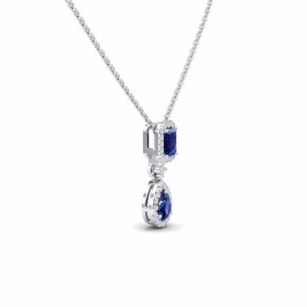 Blue Sapphire & Diamond Double Halo Drop Necklace - Sarai