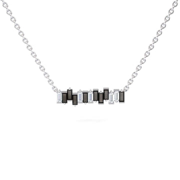 The Black & White Diamond Geometric Bar Necklace - Fernanda features a minimalist silver chain with alternating black and clear rectangular stones in a modern horizontal design, displayed on a plain white background.