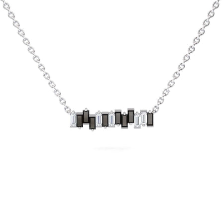 The Black & White Diamond Geometric Bar Necklace - Fernanda features a minimalist silver chain with alternating black and clear rectangular stones in a modern horizontal design, displayed on a plain white background.