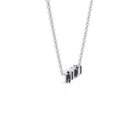 The Black & White Diamond Geometric Bar Necklace - Fernanda features a silver chain with small rectangular black and silver pendants evenly spaced along the center, set against a plain white background.