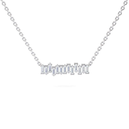 The White Diamond Geometric Bar Necklace - Fernanda features a delicate silver chain with a horizontal bar pendant set with rectangular baguette-cut clear gemstones, shown against a white background.