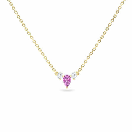 The Pink Sapphire & Diamond Three-Stone Necklace - Jina showcases a pear-shaped pink sapphire pendant centered on a gold chain, accented by two round diamonds on each side, displayed against a plain white background.