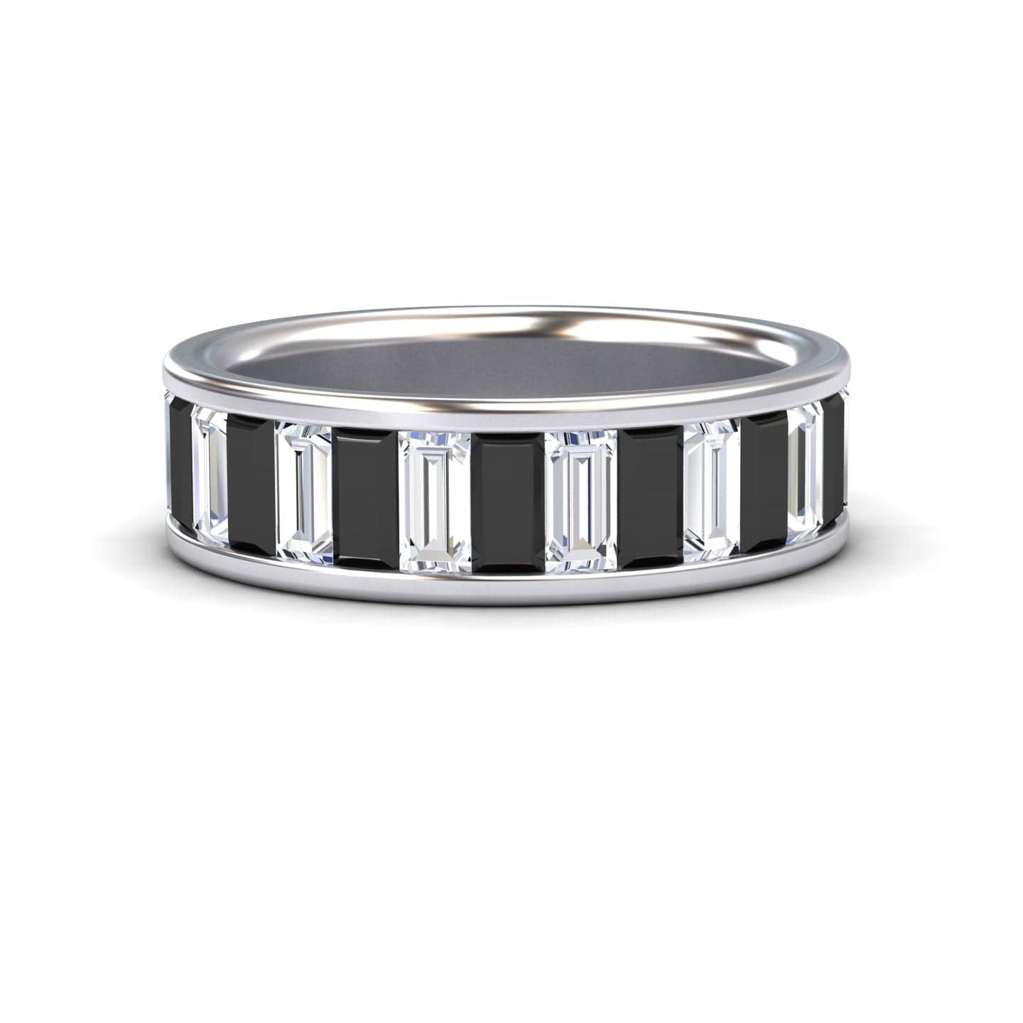 The Kyra Black & White Diamond Channel-Set Eternity Band is a silver ring with alternating rectangular black and clear baguette-cut stones in a continuous pattern around the band.