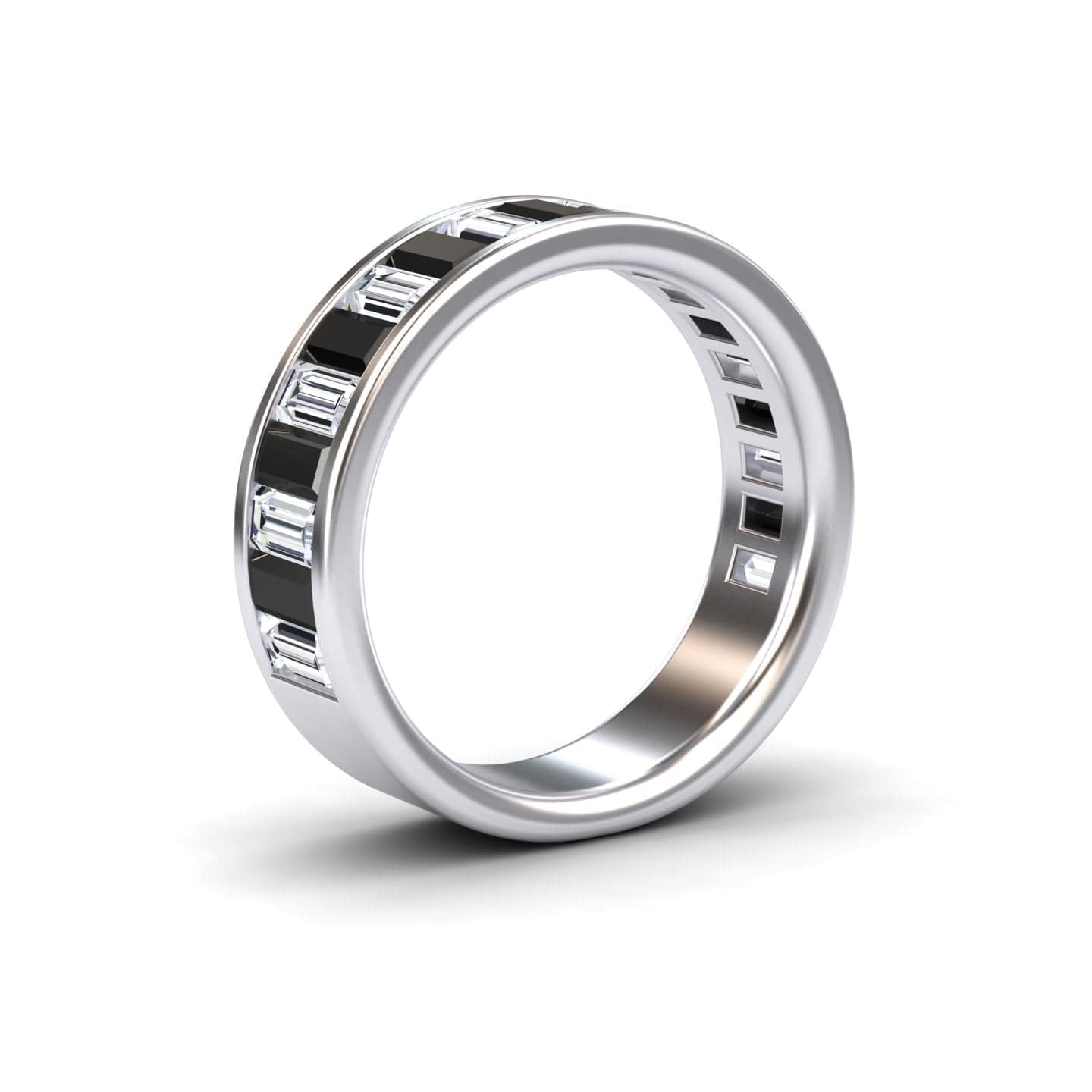 The Black & White Diamond Channel-Set Eternity Band - Kyra features rectangular diamonds set in a continuous channel around the silver band, shown against a white background.