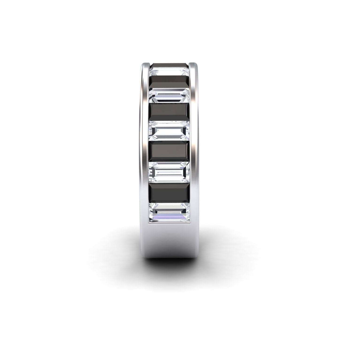 The Black & White Diamond Channel-Set Eternity Band - Kyra is shown from the front, featuring alternating rectangular clear and black stones set in a silver channel across the band, displayed on a white background.