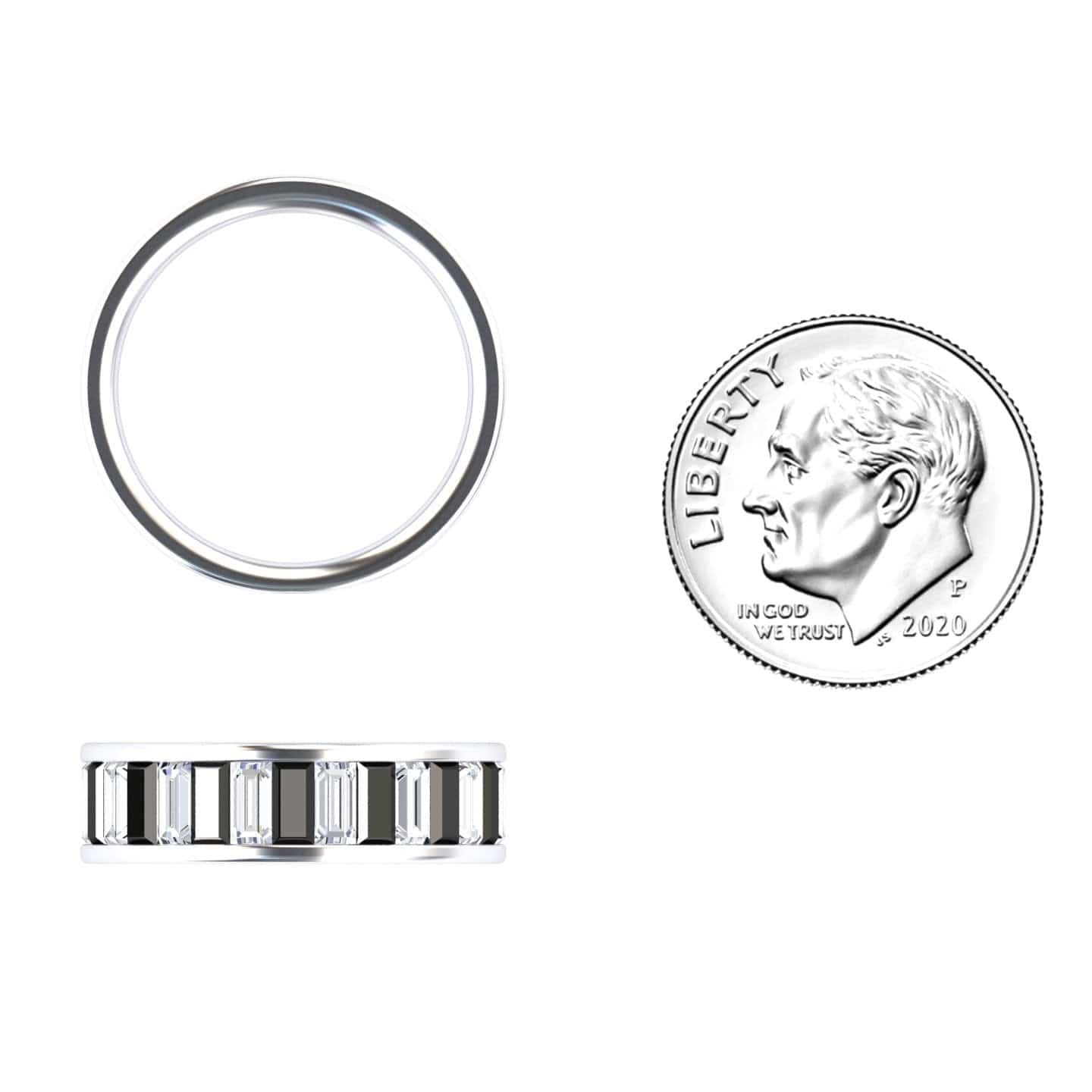 The Black & White Diamond Channel-Set Eternity Band - Kyra is pictured next to a 2020 U.S. dime for size reference, with both items shown from top and side views on a white background.
