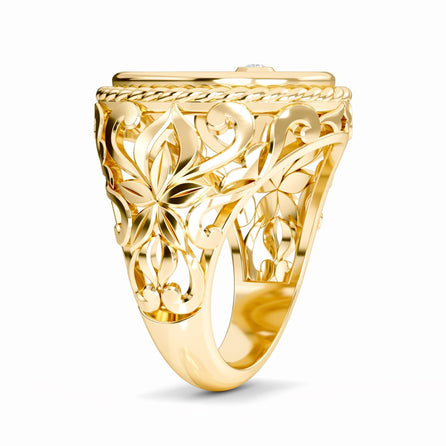 White Diamond Flower Engraved Men's Ring - Shen