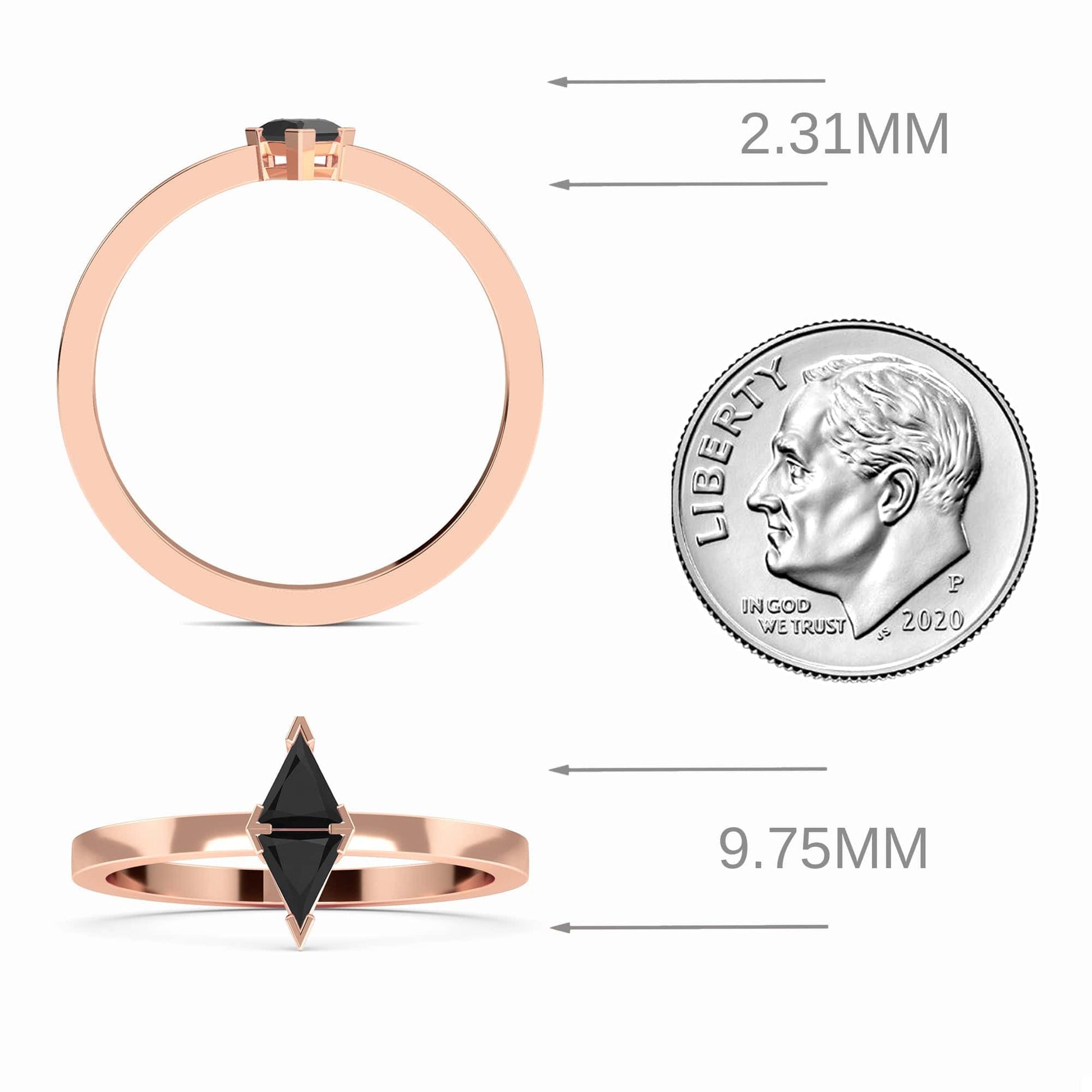 The Black Diamond Triangle Statement Ring - Shalini, in rose gold, is shown beside a U.S. dime for scale. Arrows show the black stone measures 2.31mm wide and 9.75mm long.