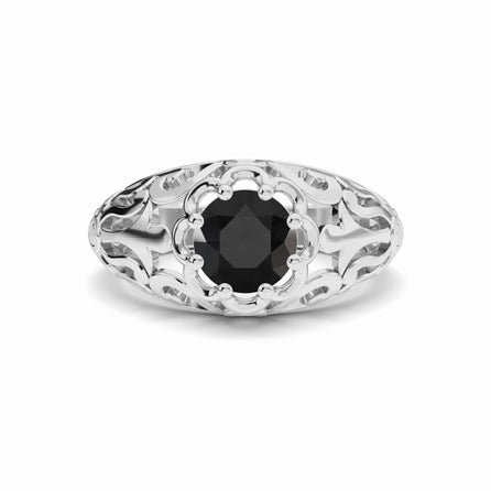 Black Diamond Mens Filigree Ring - Hadley: A silver ring with a large, round black diamond centerpiece and ornate filigree patterns.
