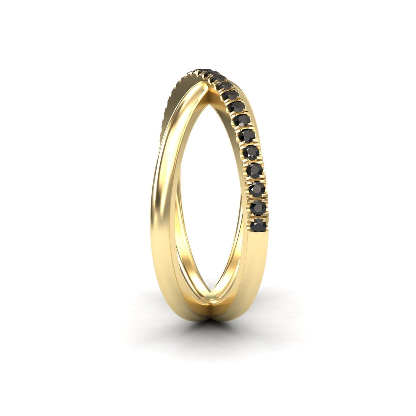 The Black Diamond Criss-Cross Pave Band Ring - Trisha features a smooth gold band with black diamonds set along the top half, shown standing upright against a white background.