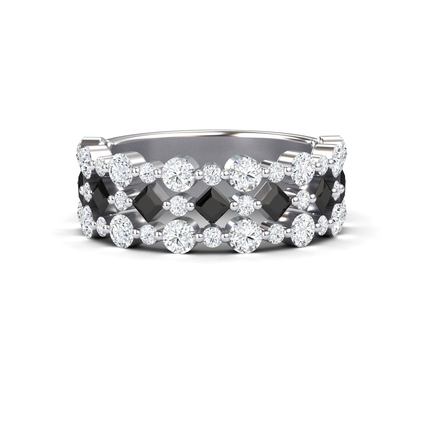 The Black & White Diamond Lace Band Ring - Victoria features alternating round white and square black diamonds set in a delicate, lattice-inspired silver band.