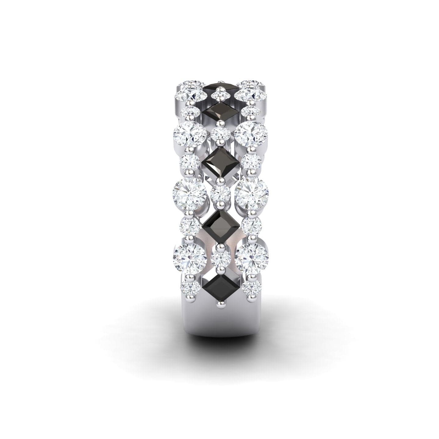 The Black & White Diamond Lace Band Ring - Victoria features two rows of round white diamonds and a central row of square black diamonds in an alternating pattern.