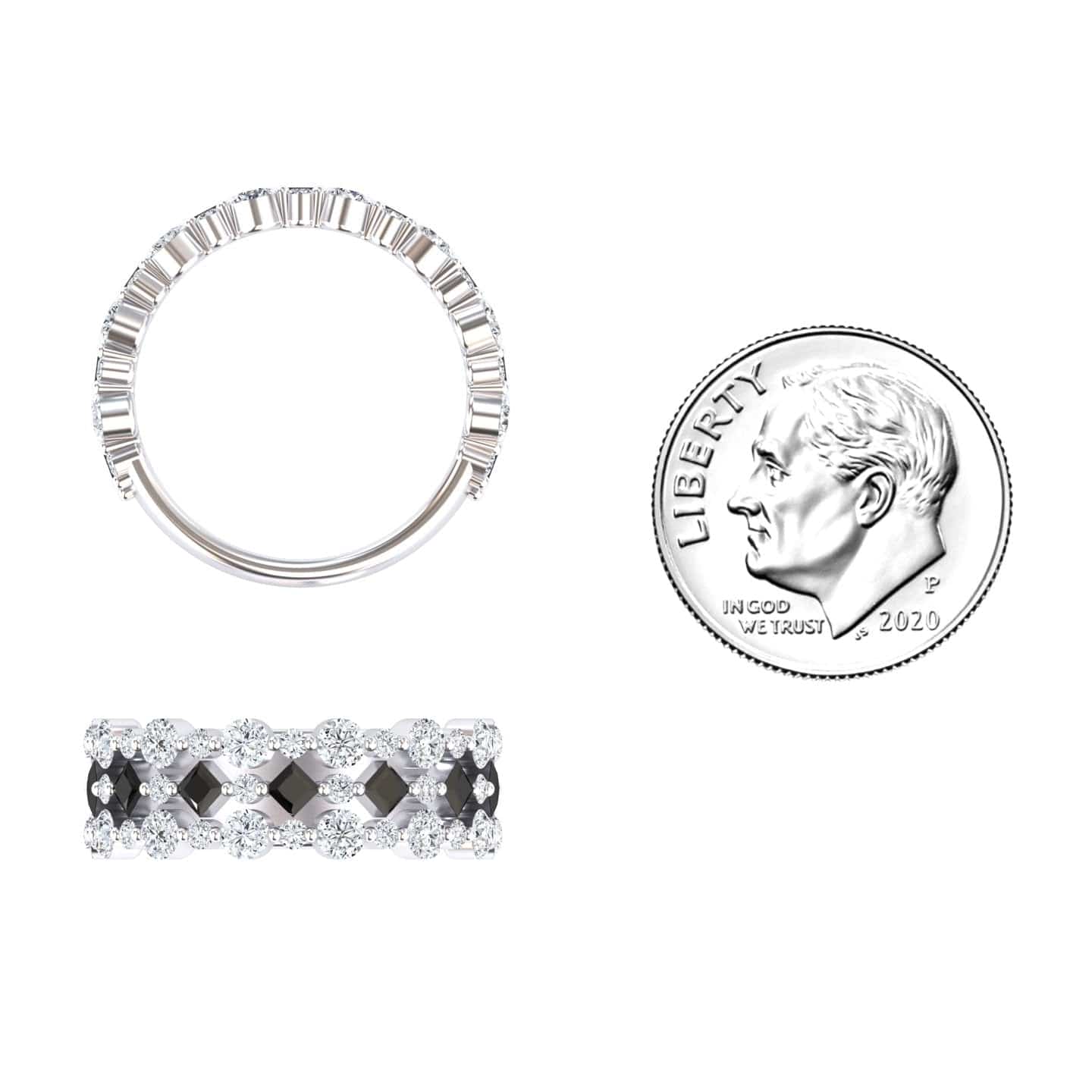The Black & White Diamond Lace Band Ring - Victoria is shown beside a 2020 U.S. dime for size reference, with both side and top views highlighting its elegant design.