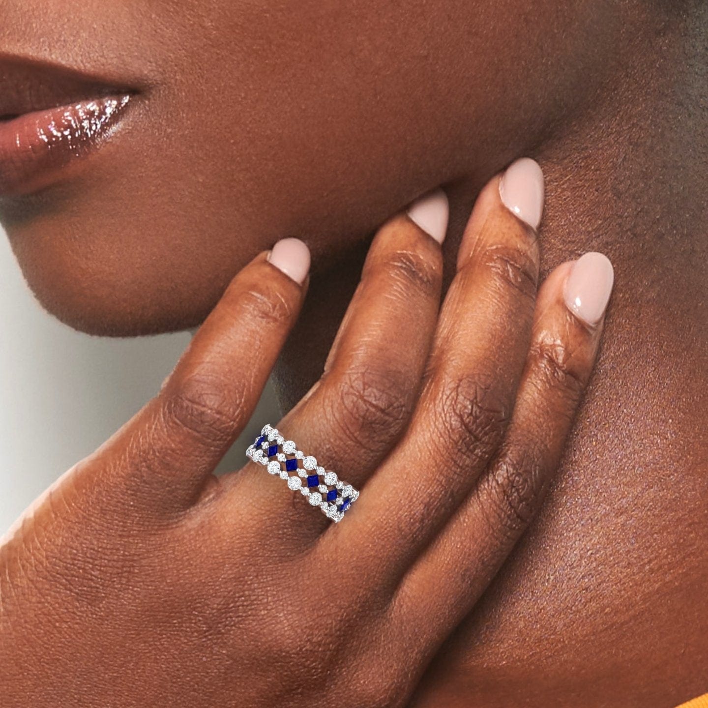 Blue Sapphire & Diamond Lace Band Ring - Victoria