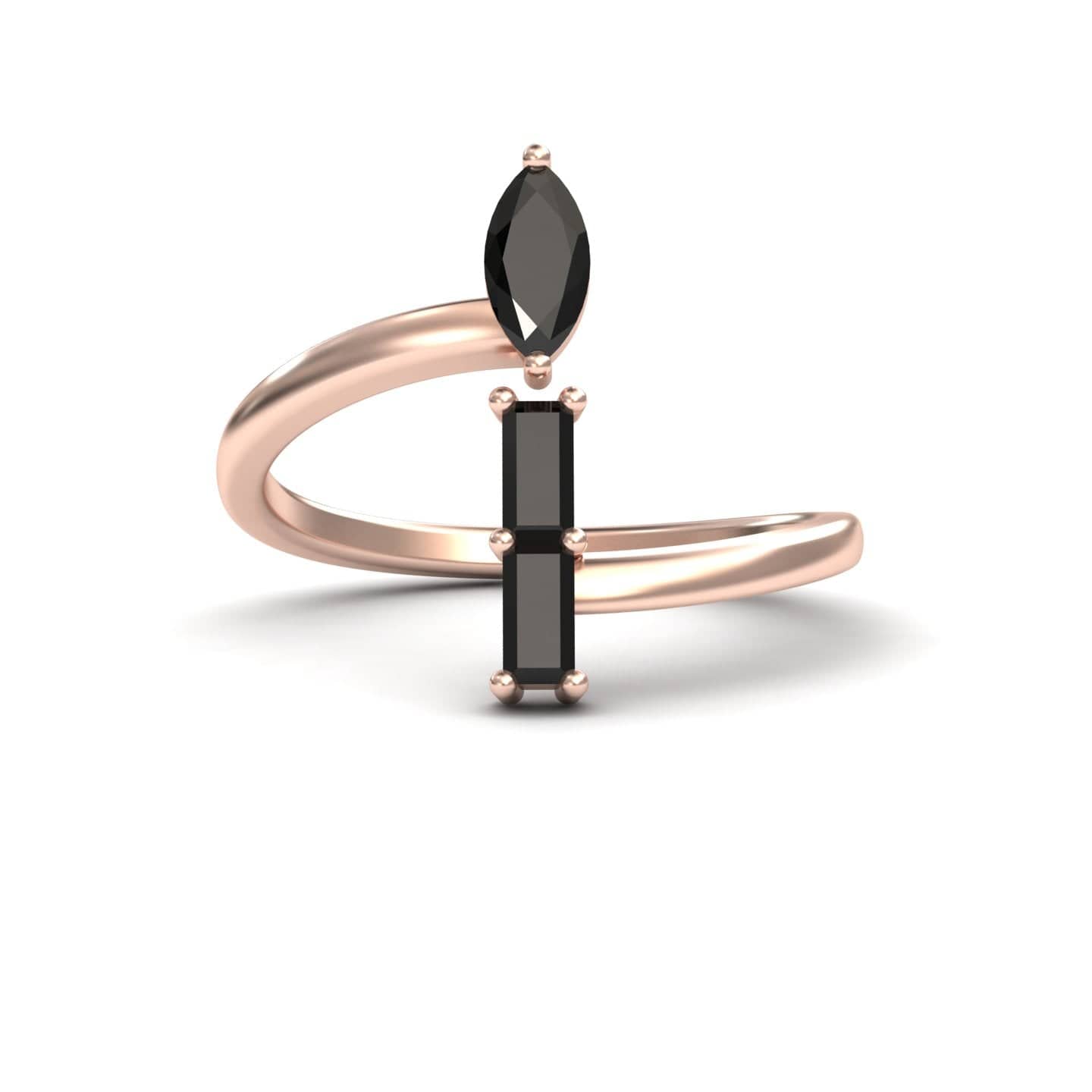 The Statement Shimmer: Black diamonds Mesmerizing Magic - MYSR18 is a rose gold open band ring with a marquise-cut black gemstone on one end and two vertical rectangular black stones on the other, displayed on a white background.