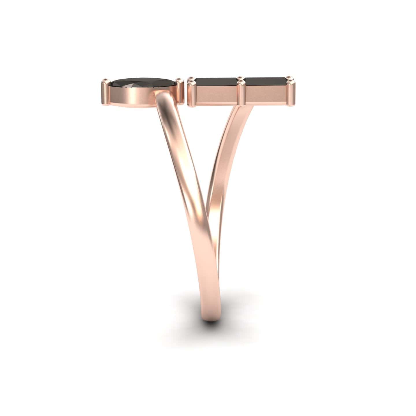 The Statement Shimmer: Black diamonds Mesmerizing Magic - MYSR18 is a rose gold split shank ring with two prong-set black diamonds, one round and one square, positioned at each band’s end.