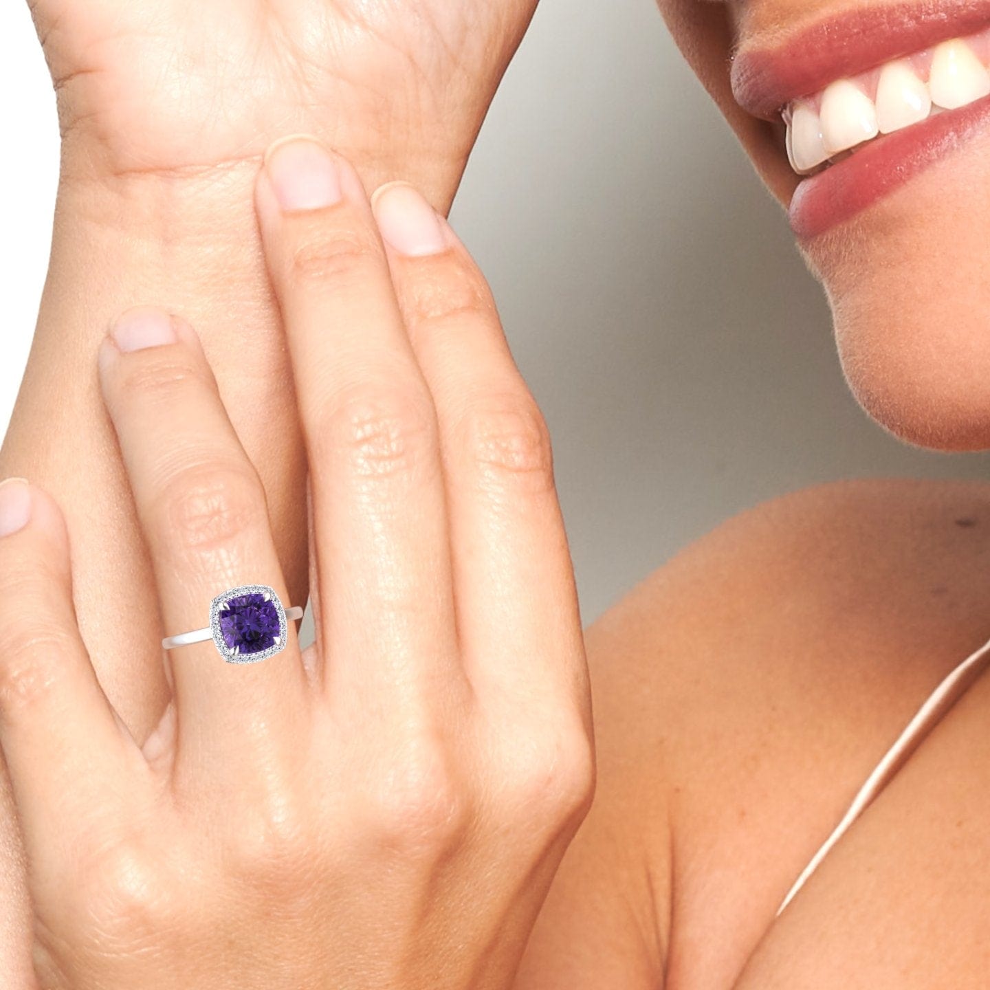 Amethyst & Diamond Halo Ring - Ziva