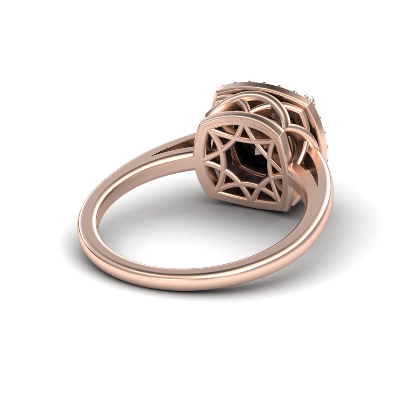 The Black & White Diamond Halo Ring - Ziva features intricate geometric openwork beneath the setting, best seen from the side and below, showcasing detailed craftsmanship under the central stone.