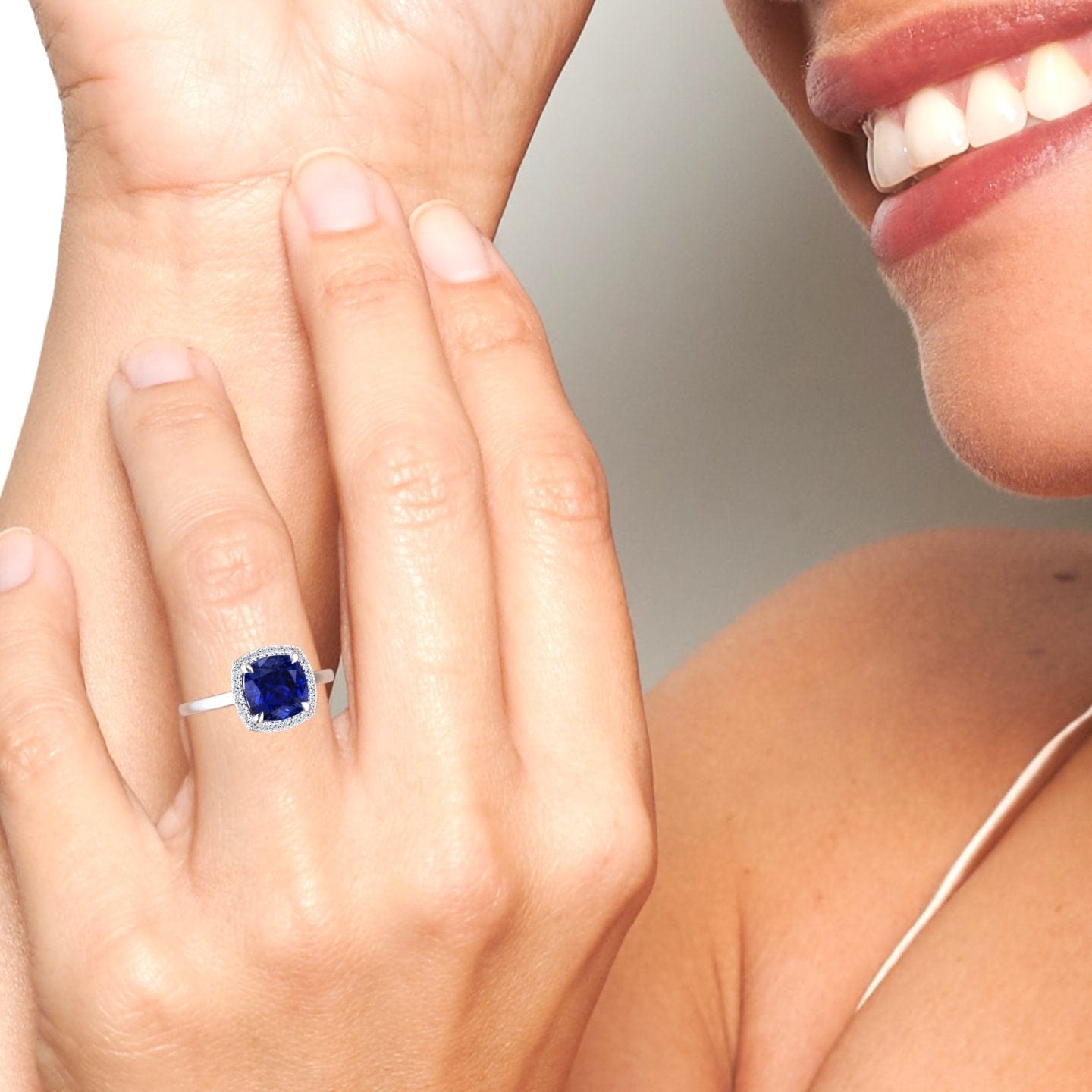 Lab Grown Blue Sapphire & Diamond Halo Ring - Ziva