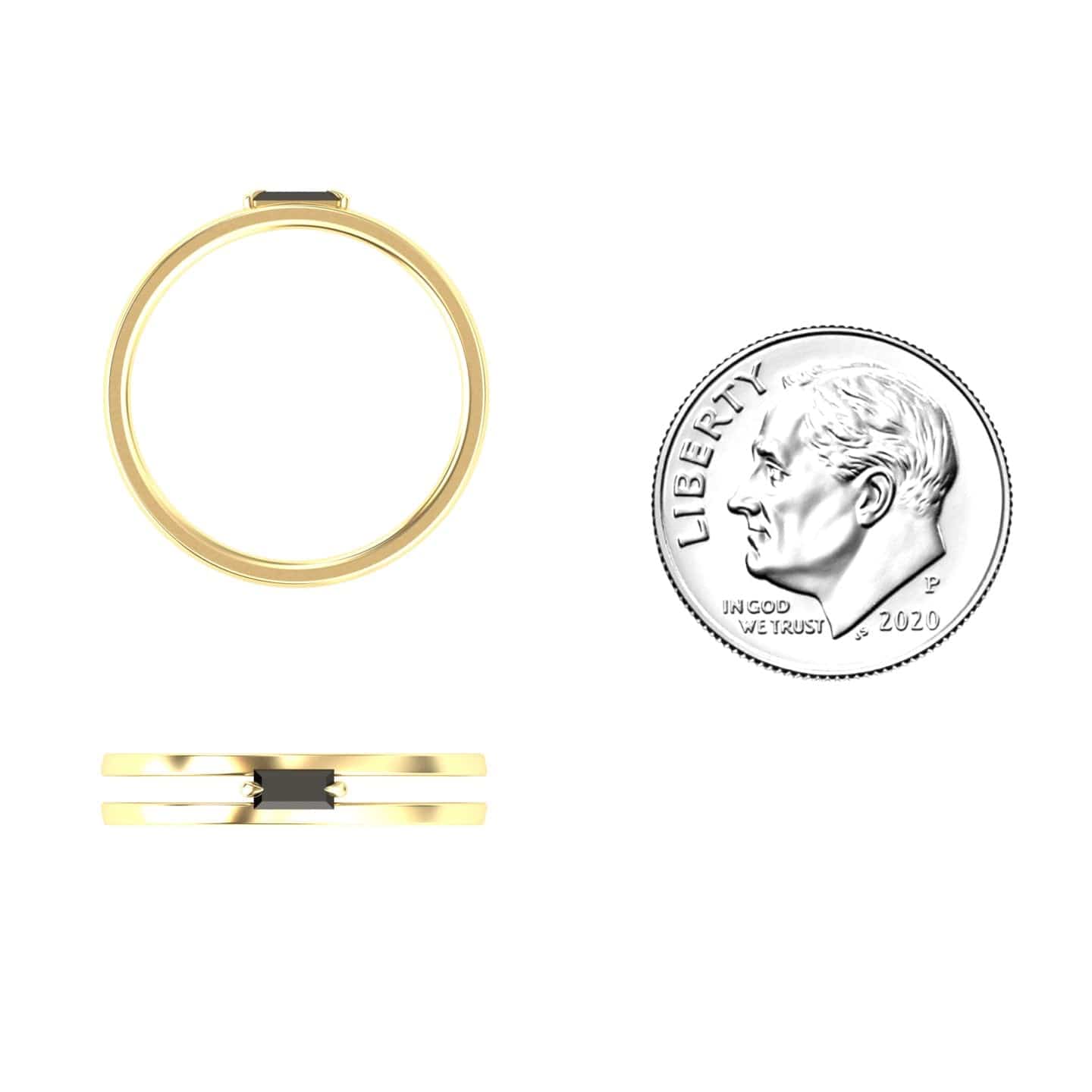 The Black Diamond Minimalist Double Band Ring - Alia features a thin gold band with a small black rectangular stone, shown from top and side views alongside a 2020 US dime for size reference.