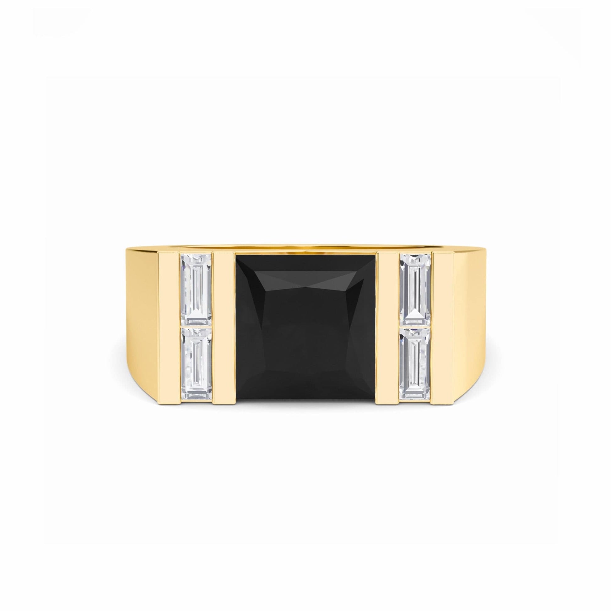 The Casper Black & White Diamond Mens Statement Ring has a large square black gemstone center, with two vertical rows of rectangular white diamonds on each side, shown against a white background.