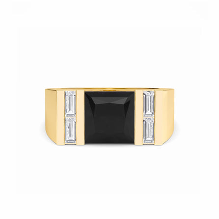 The Casper Black & White Diamond Mens Statement Ring has a large square black gemstone center, with two vertical rows of rectangular white diamonds on each side, shown against a white background.