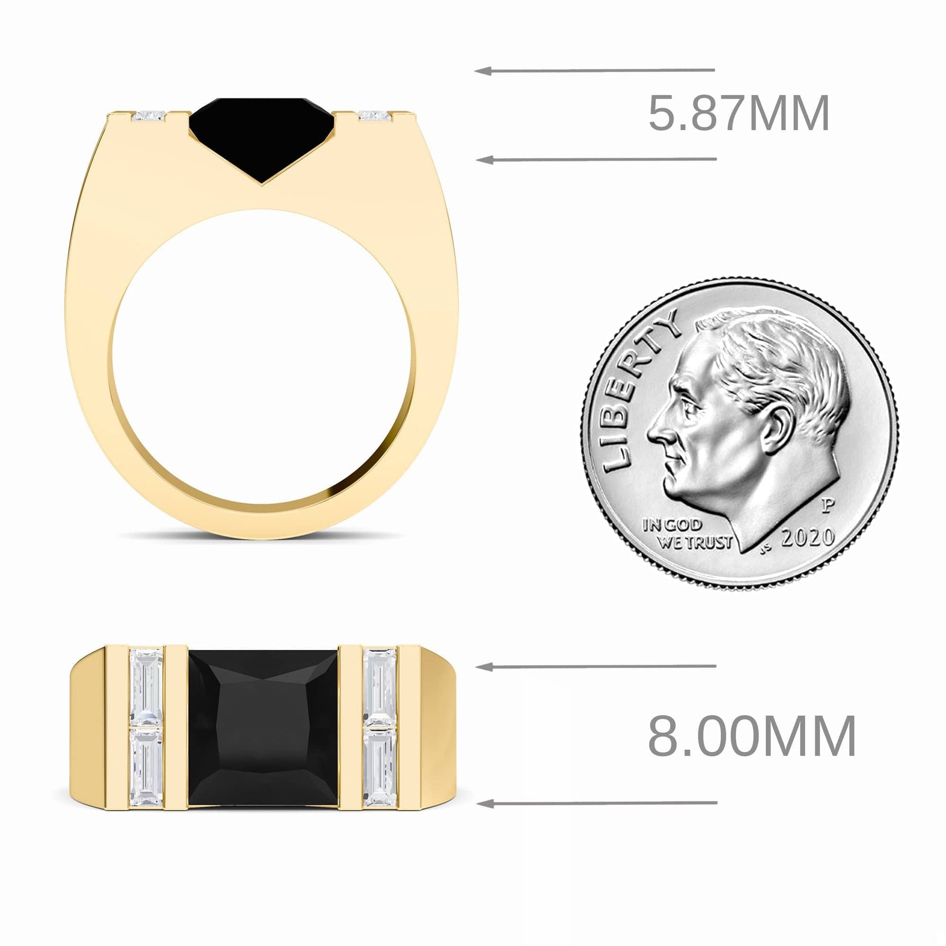 The Black & White Diamond Mens Statement Ring - Casper features a gold band with a black central stone and baguette side stones, shown beside a US dime for scale. Dimensions: 5.87mm high, 8.00mm wide.