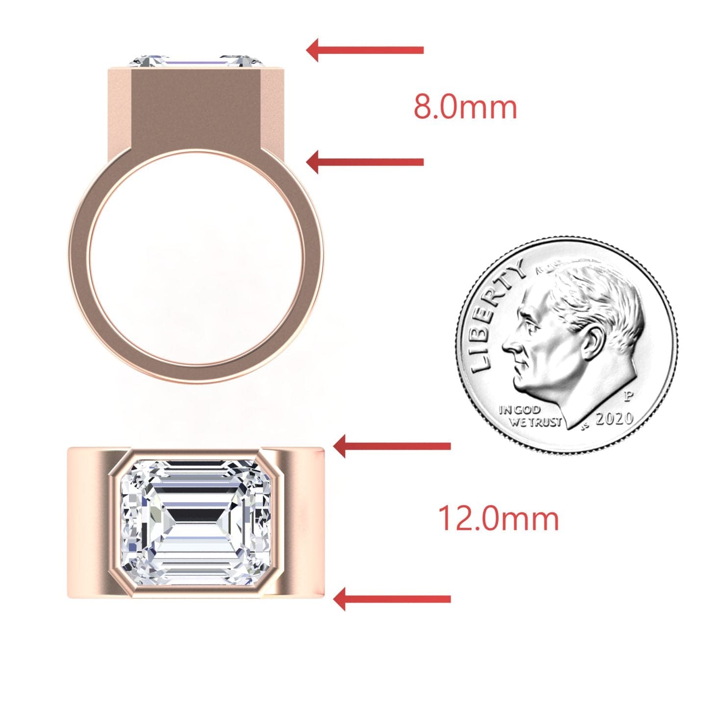 The Moissanite Statement Ring - Aparna is shown in rose gold with a large rectangular gemstone. Red arrows mark its dimensions: 8.0 mm thick and 12.0 mm wide. A U.S. dime is displayed for size comparison, along with side and top views of the ring.