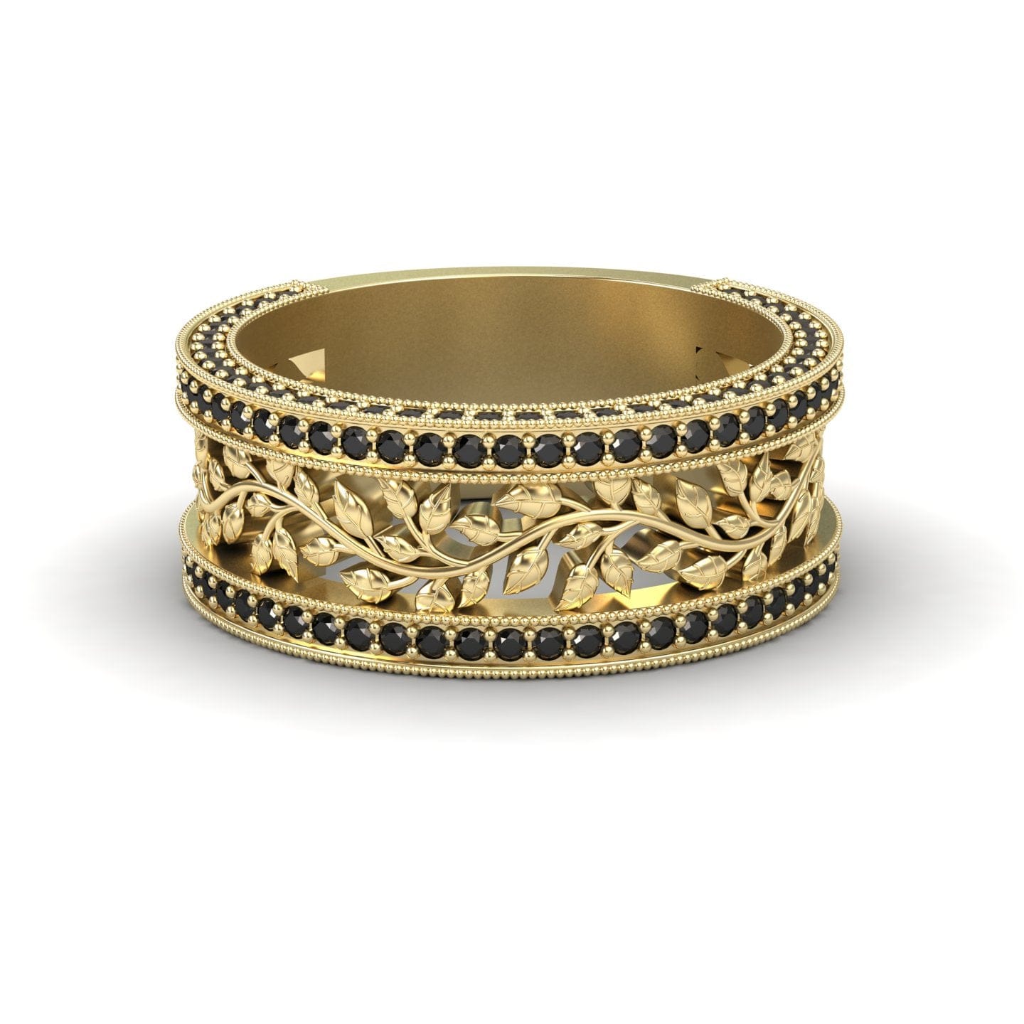The Black Diamond Vine Motif Eternity Band - Casey is a gold ring with two rows of black stones on the edges and an intricate vine leaf pattern on the center band.