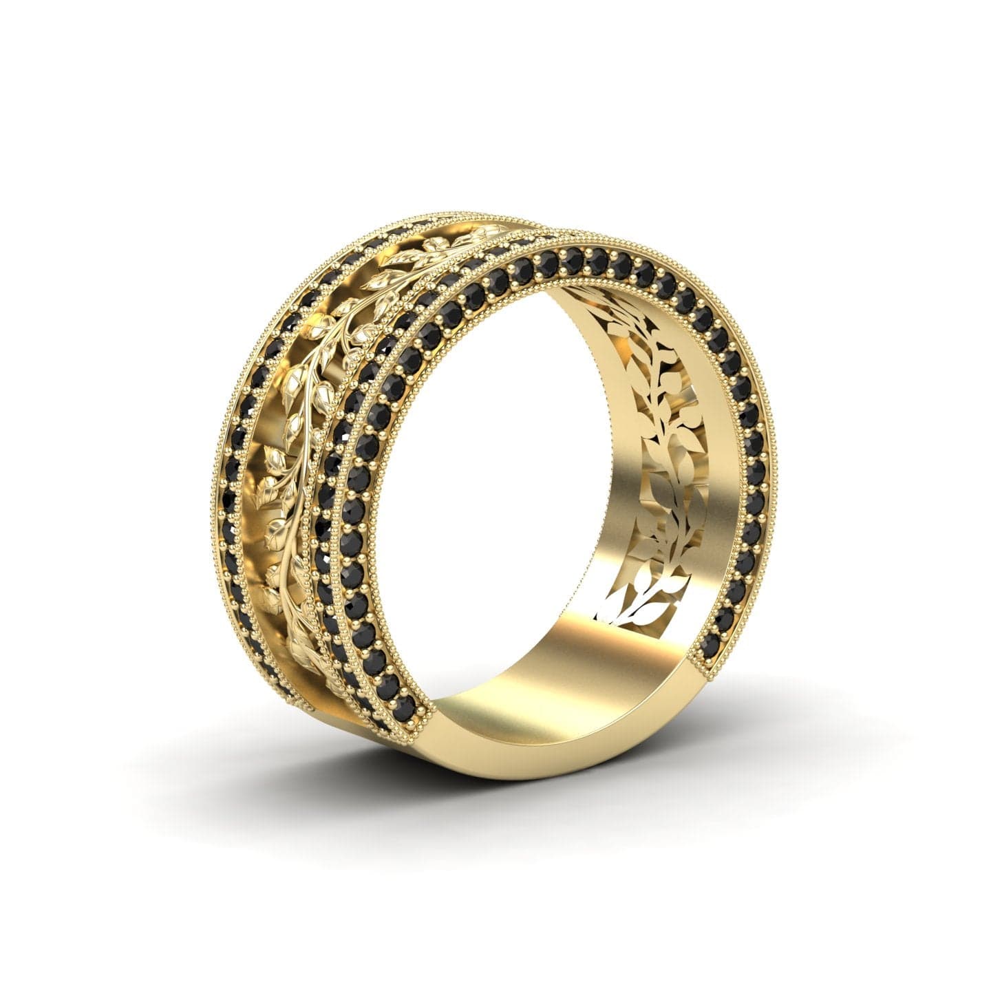 The Casey Black Diamond Vine Motif Eternity Band features an intricate leaf pattern with two rows of small black diamonds, plus additional leaf engravings on the inner band.