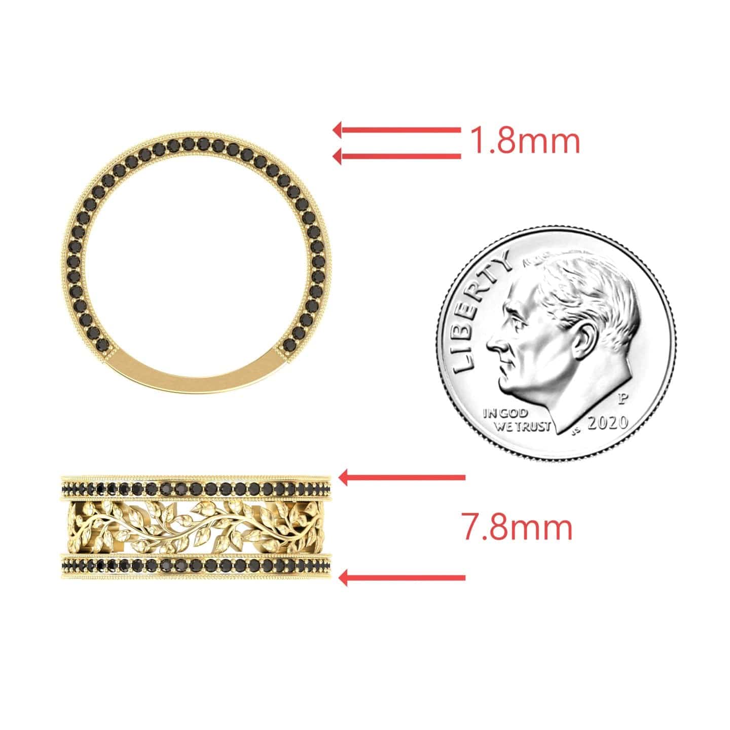 The Black Diamond Vine Motif Eternity Band - Casey is shown from the top and side beside a 2020 US dime. Red arrows highlight its 1.8mm thickness and 7.8mm width.