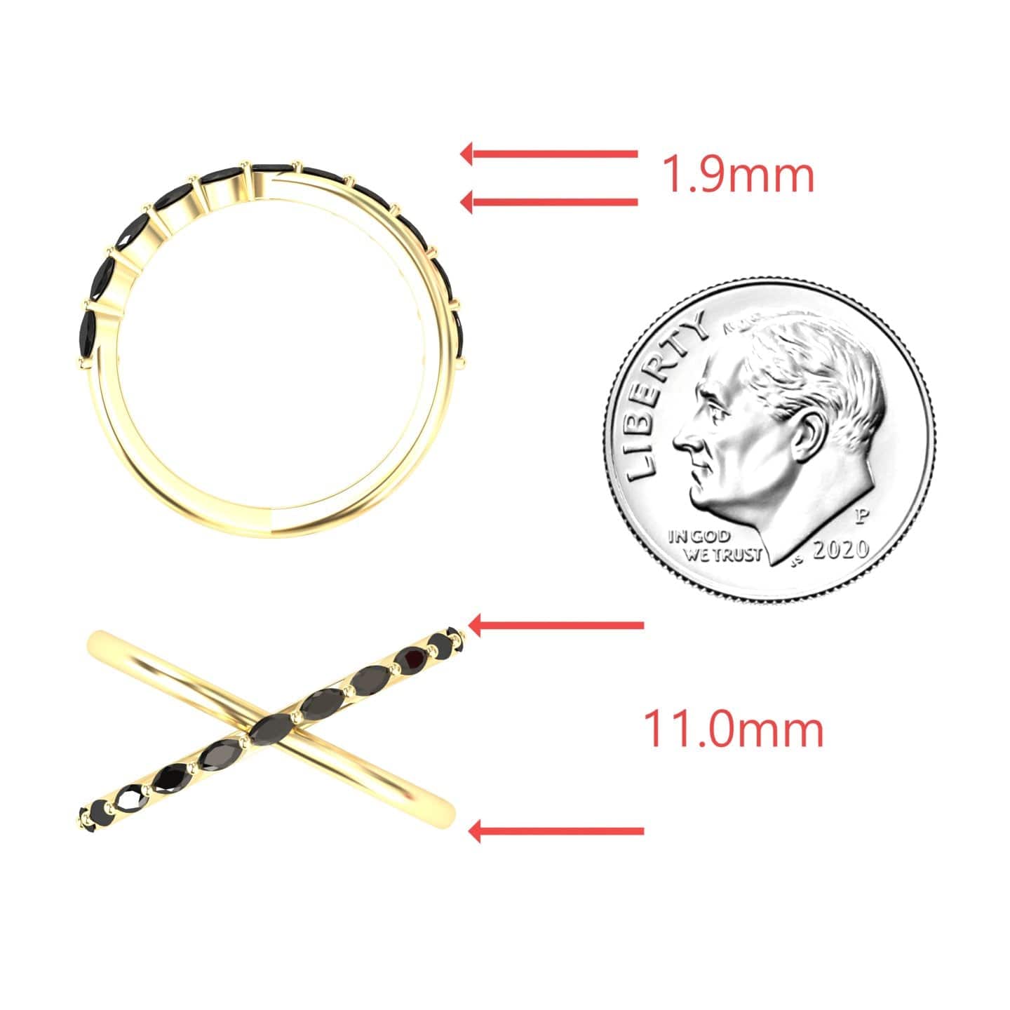 The Black Diamond Crossover Ring - Gracie is displayed from top and side views beside a U.S. dime for size comparison, with red arrows marking its dimensions: 1.9mm wide and 11.0mm across.