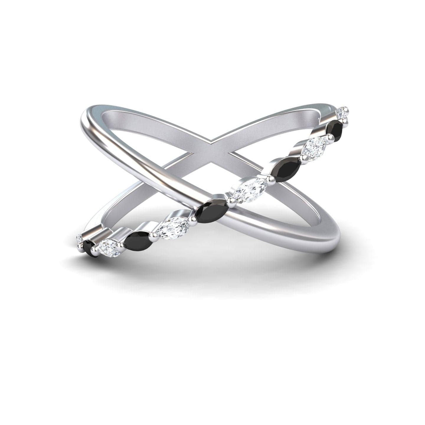 The Black & White Diamond Crossover Ring - Gracie features two intersecting silver bands, one plain and one set with alternating black and white diamonds, elegantly displayed on a white background.