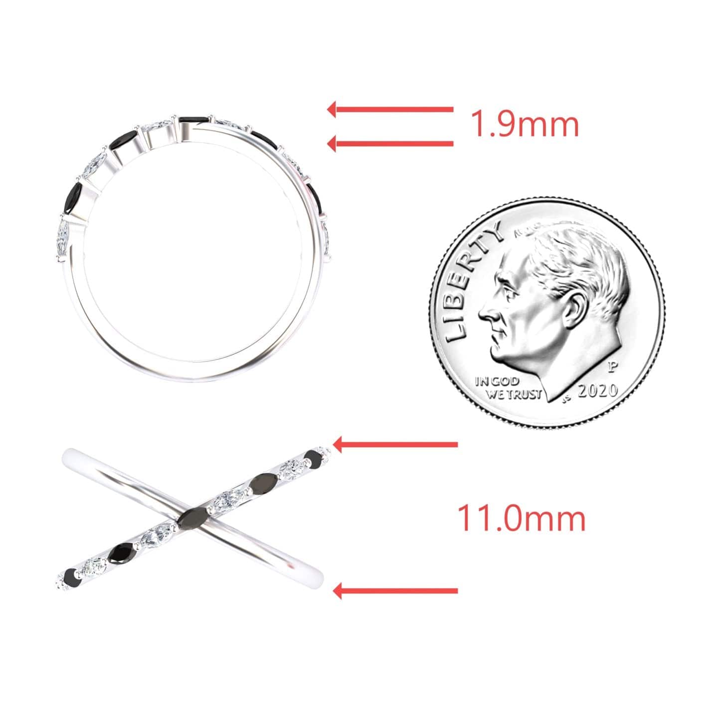 Two views of the Black & White Diamond Crossover Ring - Gracie are shown next to a 2020 U.S. dime for scale. Red arrows indicate the ring’s thickness is 1.9 mm and its width across is 11.0 mm.