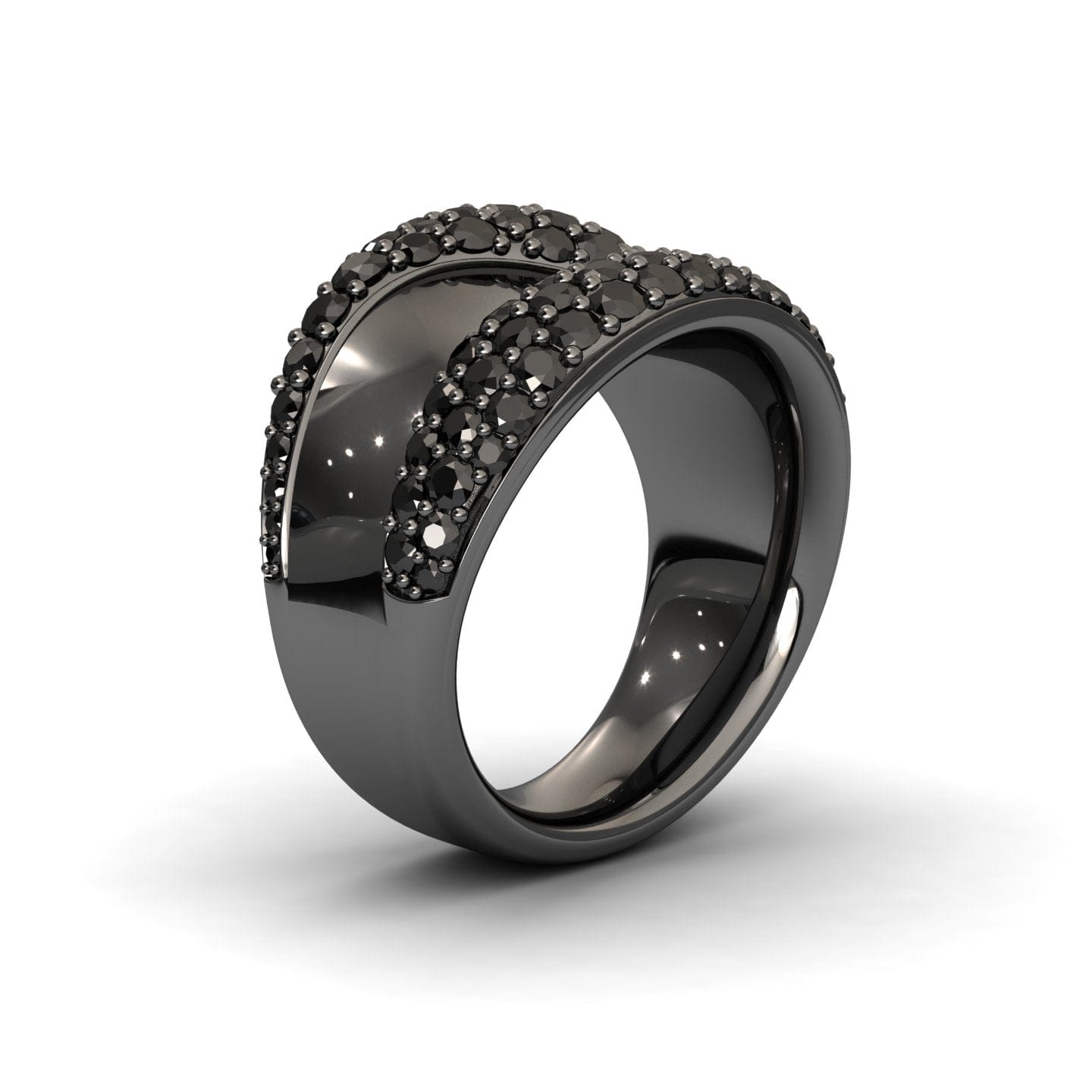 The Black Diamond Sculpted Wave Pave Statement Ring - Kiana is a wide, glossy black ring with two raised bands of small black stones separated by a smooth groove, shown on a white background.