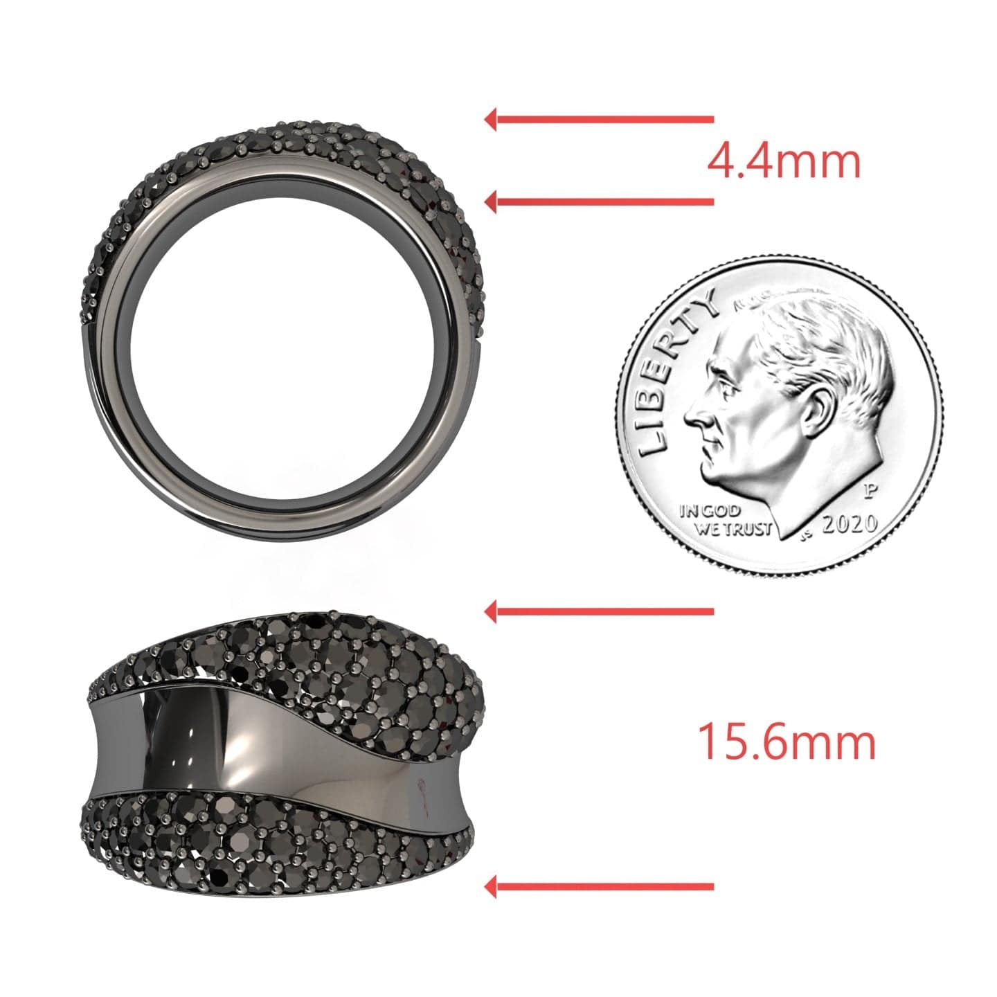 The Black Diamond Sculpted Wave Pave Statement Ring - Kiana is shown next to a U.S. dime for scale, with red arrows marking its thickness (4.4mm) and width (15.6mm). The ring is displayed from both top and side views.
