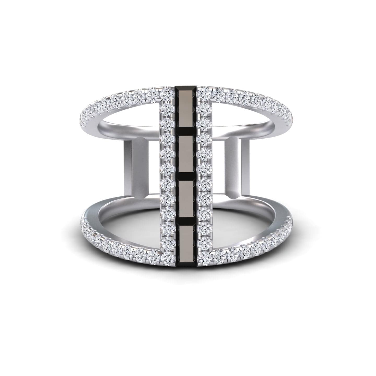 The Black & White Diamond Double Band Open Cuff Ring - Luci features two modern silver bands joined by a vertical row of alternating black and white diamonds bordered by small round diamonds.