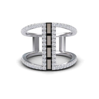 The Black & White Diamond Double Band Open Cuff Ring - Luci features two modern silver bands joined by a vertical row of alternating black and white diamonds bordered by small round diamonds.