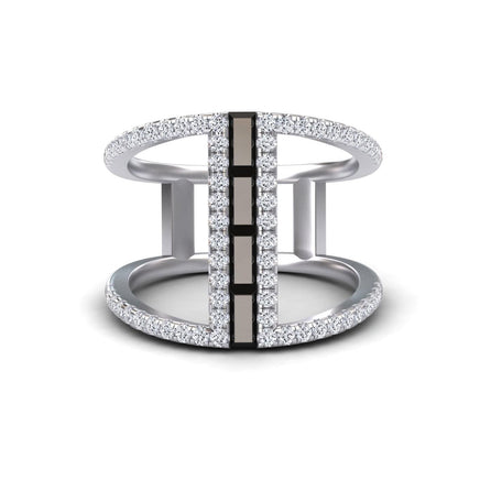 The Black & White Diamond Double Band Open Cuff Ring - Luci features two modern silver bands joined by a vertical row of alternating black and white diamonds bordered by small round diamonds.