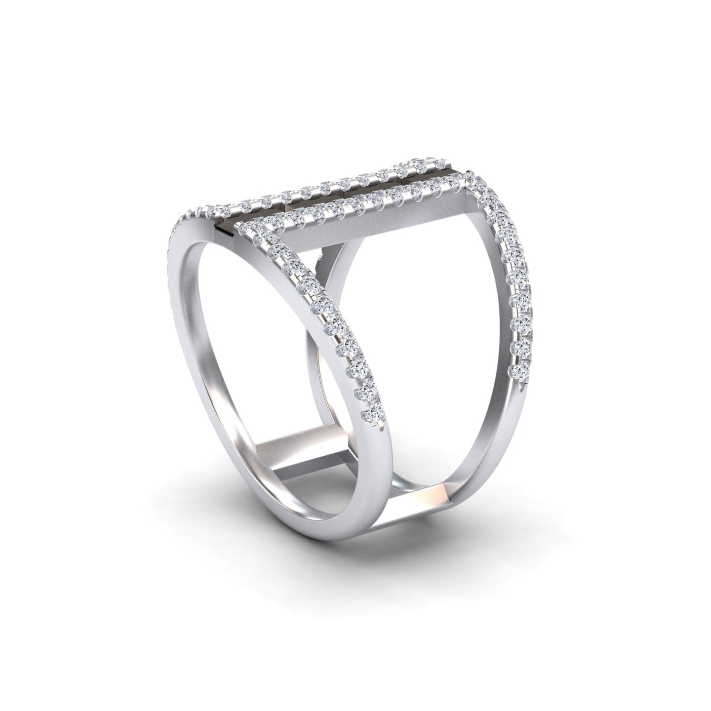 The Black & White Diamond Double Band Open Cuff Ring - Luci features a modern open geometric design with two parallel bands and arcs, all embellished with sparkling black and white diamonds.