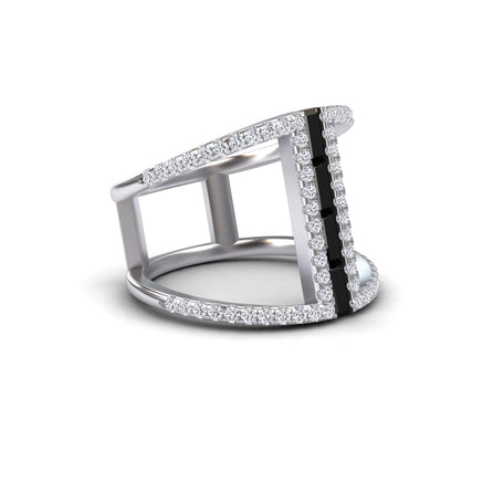 The Black & White Diamond Double Band Open Cuff Ring - Luci features a modern silver look with a geometric open design, two parallel rows of white stones, and a central vertical line of black stones.