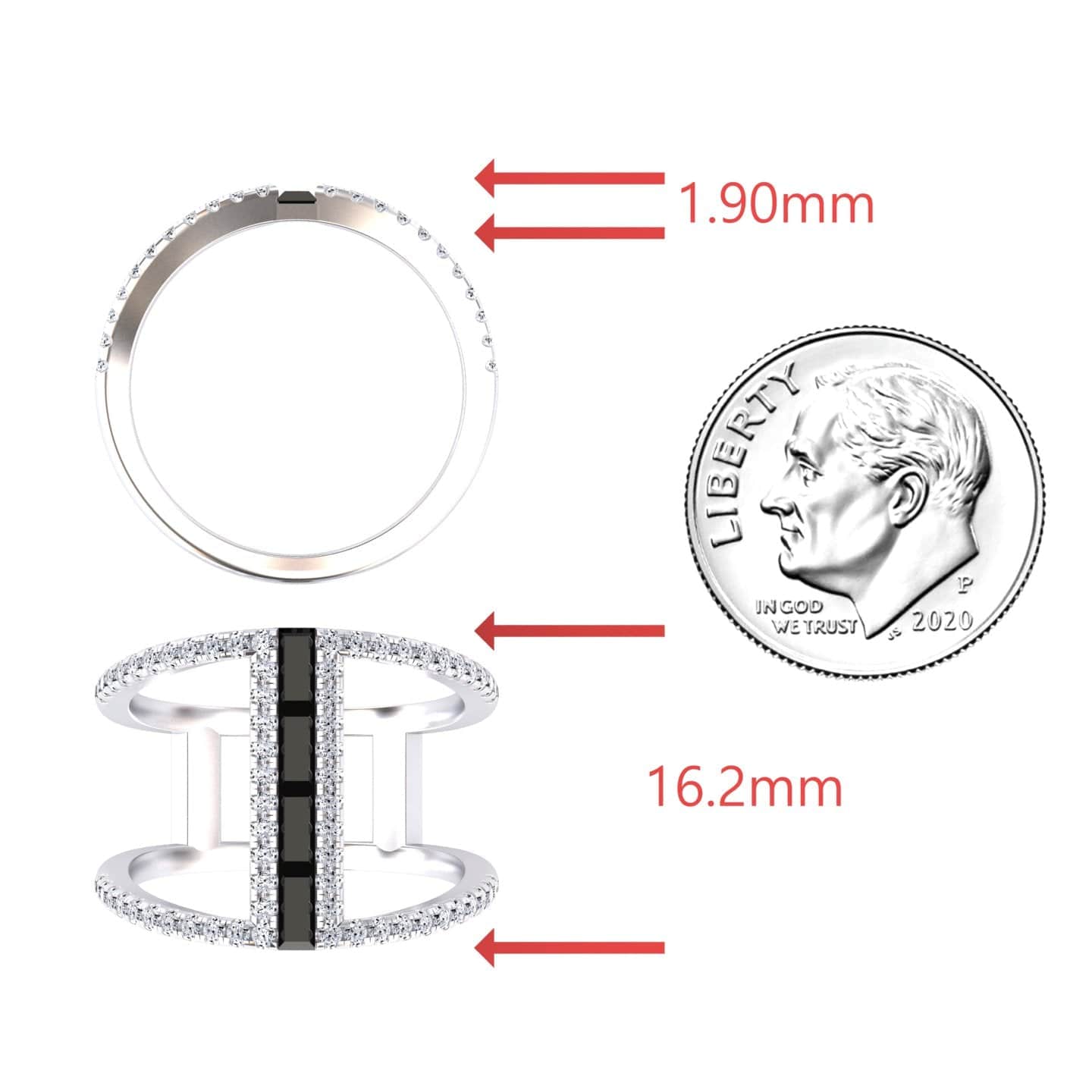 Two views of the Black & White Diamond Double Band Open Cuff Ring - Luci are shown beside a US dime for scale, with red arrows marking the ring’s width at 1.90mm and length at 16.2mm.