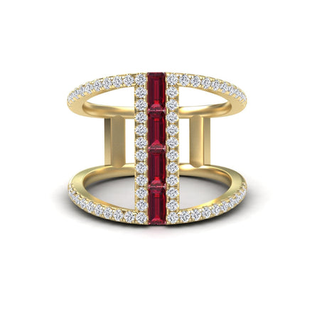 Ruby & Diamond Double Band Open Cuff Ring - Luci