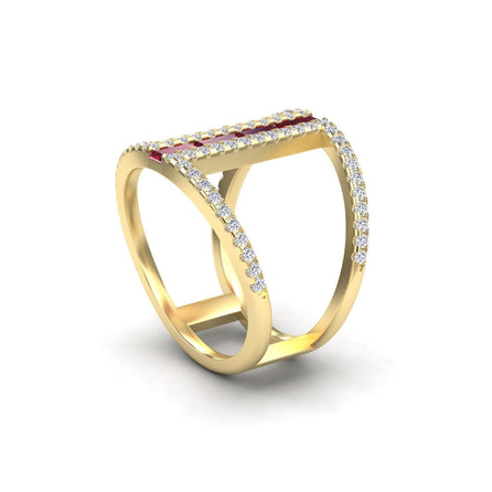 Ruby & Diamond Double Band Open Cuff Ring - Luci