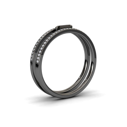The Black & White Diamond Double Band - Bianca features a sleek black design with two parallel bands, one accented by sparkling white diamonds and a rectangular top accent for minimalist elegance.