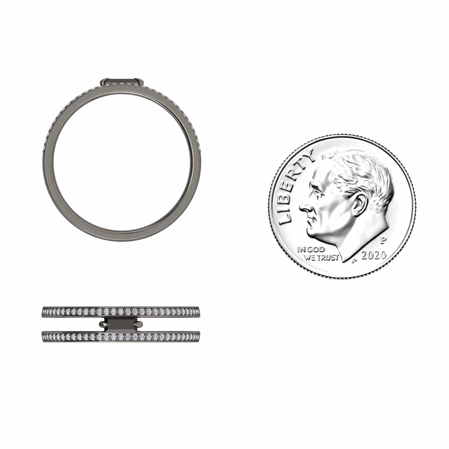The Black & White Diamond Double Band - Bianca, a round silver ring with small stones, is displayed from the front and side beside a 2020 U.S. dime for size reference on a white background.